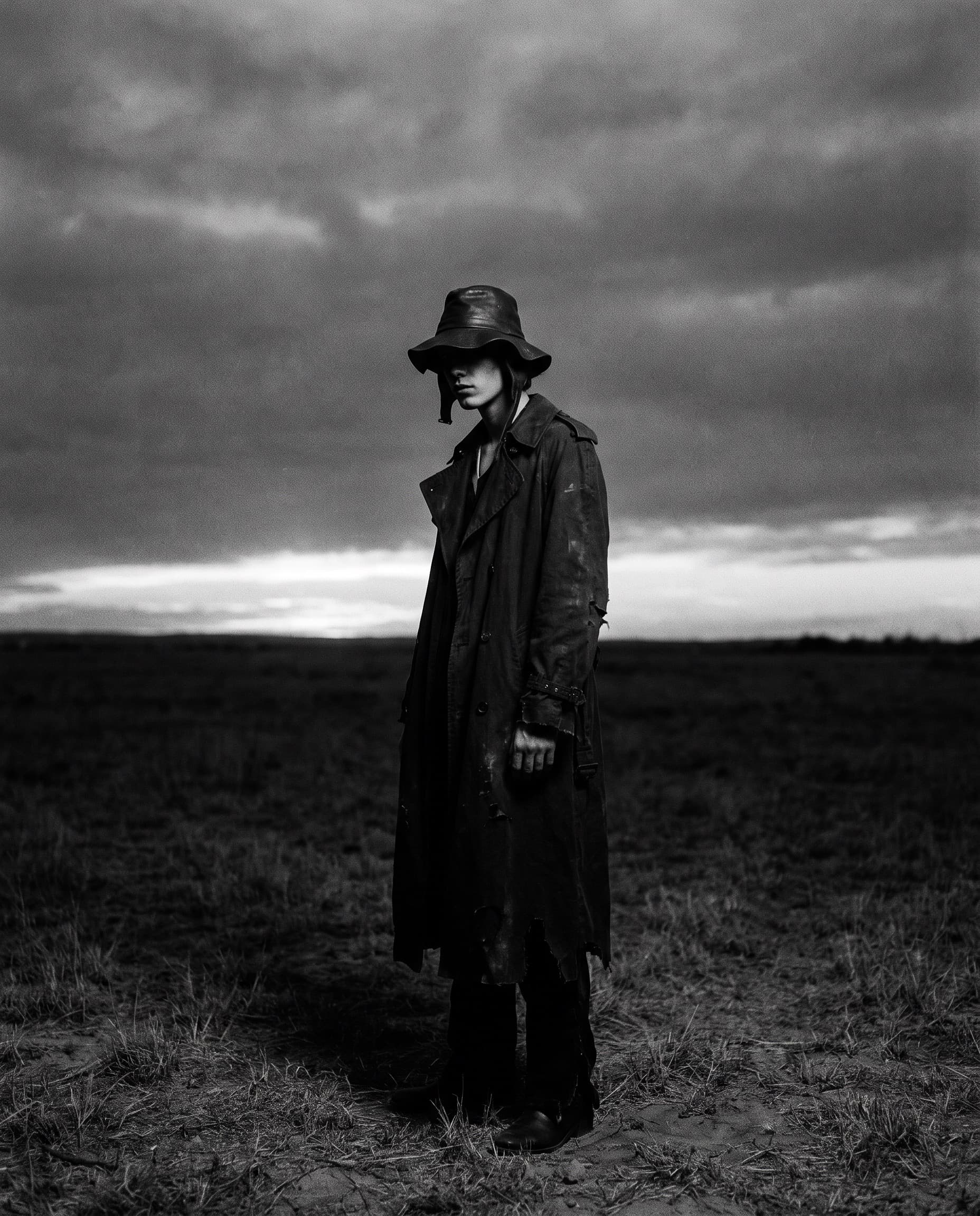 A lone figure on the Texas plain at dusk, wide-brimmed hat, face in shadow.