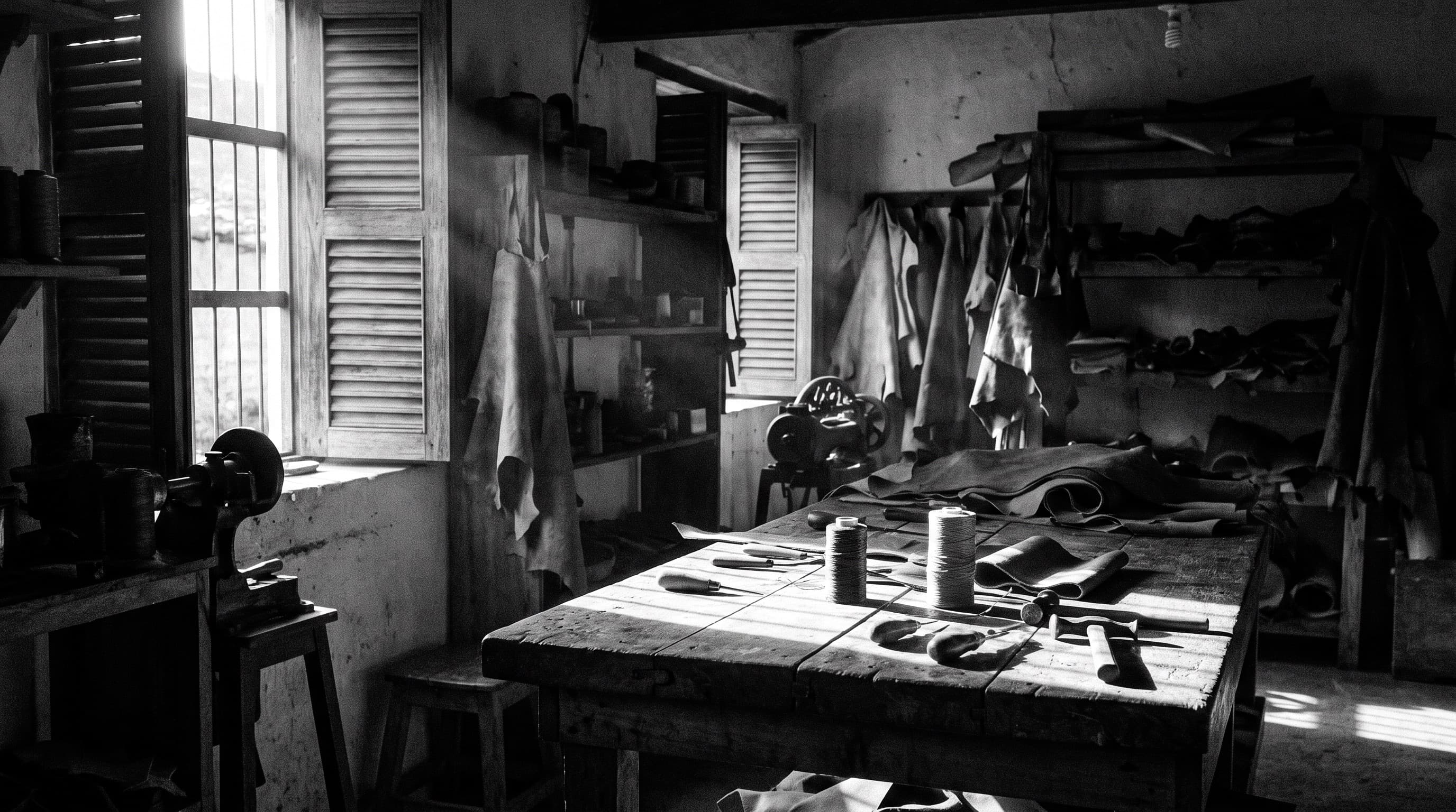A workshop bench in raking light, hand tools and thread beside draped hides.
